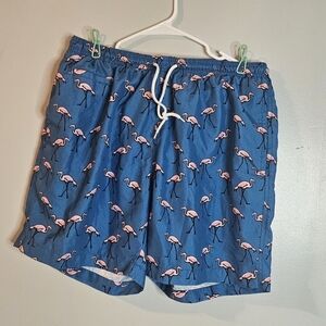 💙Surf & Swim Co. size L blue w/ pink flamingoes swim trunks mess lining pockets